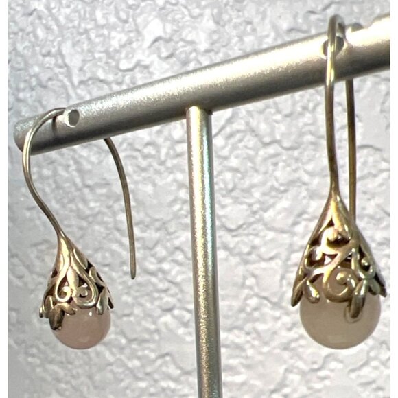 Vtg Sterling Silver Rose Quartz Drop Earrings 925 Filigree Teardrop Dangles Boho - Picture 6 of 11